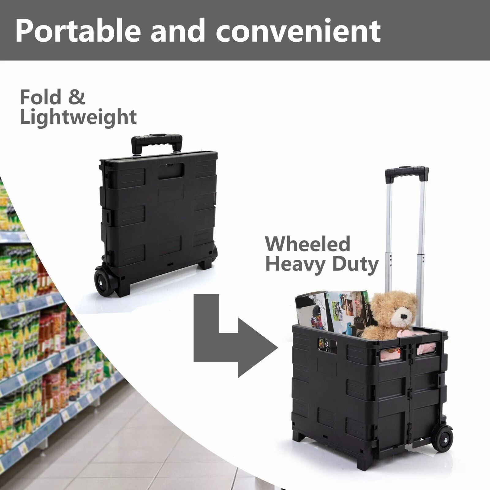Foldable Shopping Cart Trolley | Pack & Roll Folding Crate | Portable Grocery Basket