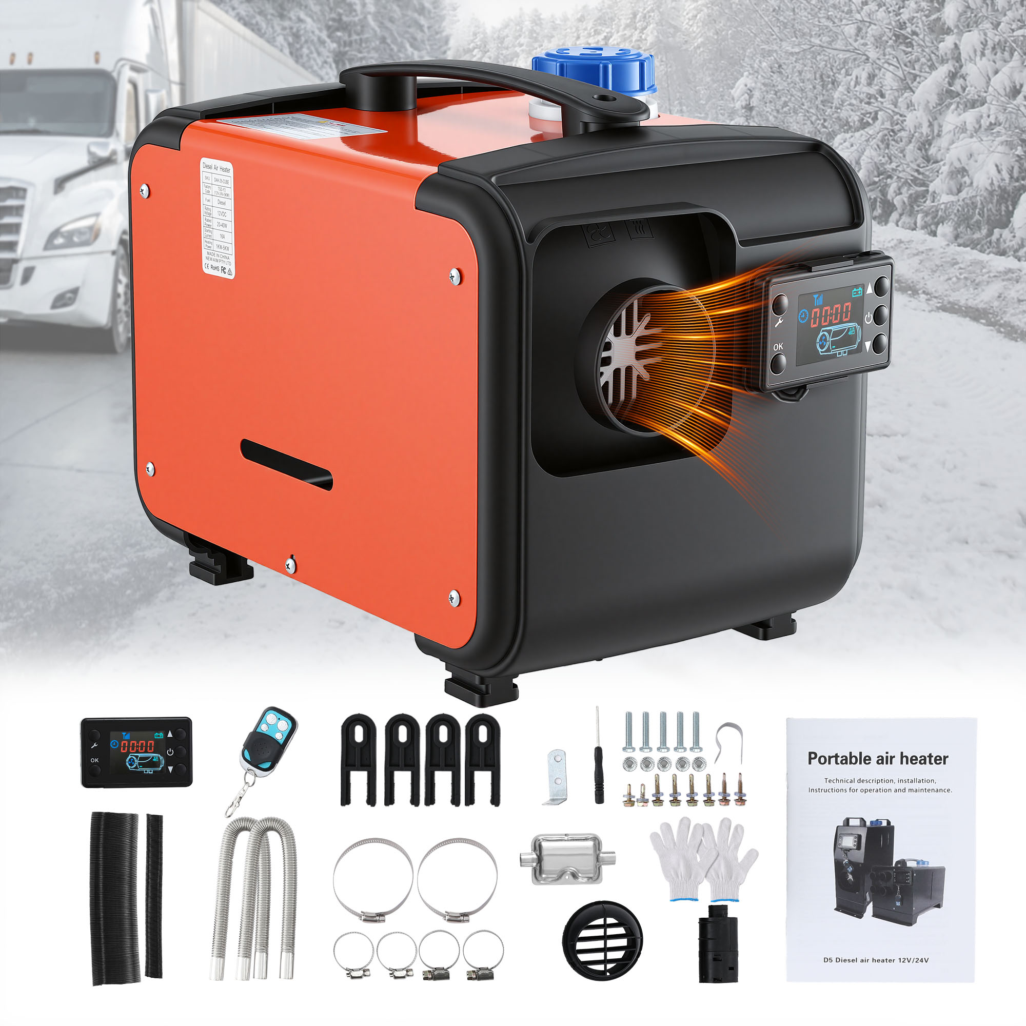 Diesel Air Heater All-in-one 12/24V 5KW LCD Remote Control for Car RV Indoors Machinery